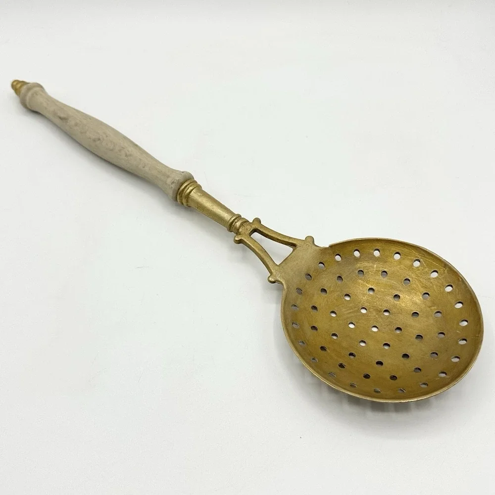Vintage Metal Skimmer Slotted Spoon Ladle Utensil Wood Handle